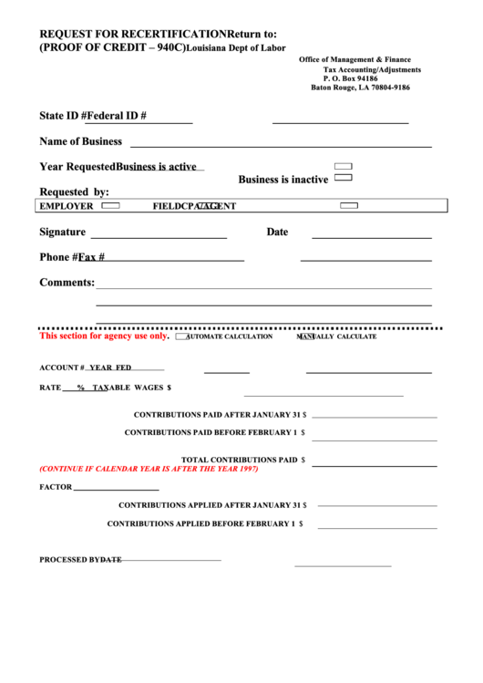 Form 940c - Request For Recertification - Proof Of Credit - Louisiana Department Of Labor Printable pdf