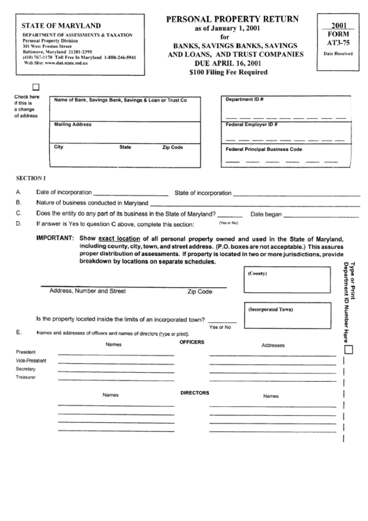 Form At3-75 - Personal Property Return - 2001 Printable pdf