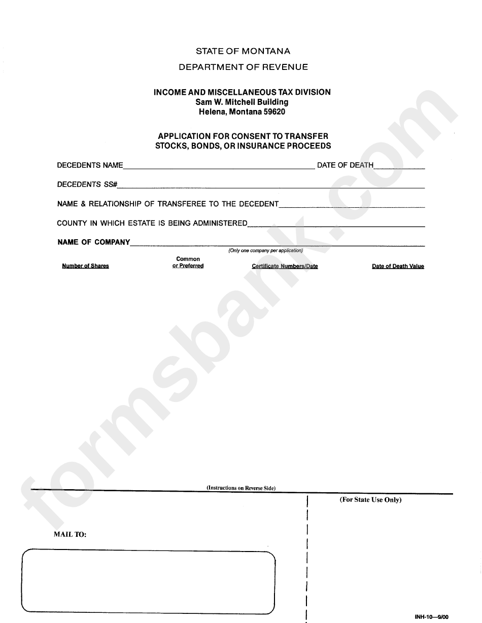 Form Inh-10 - Application For Consent To Transfer Stocks, Bonds, Or Insurance Proceeds