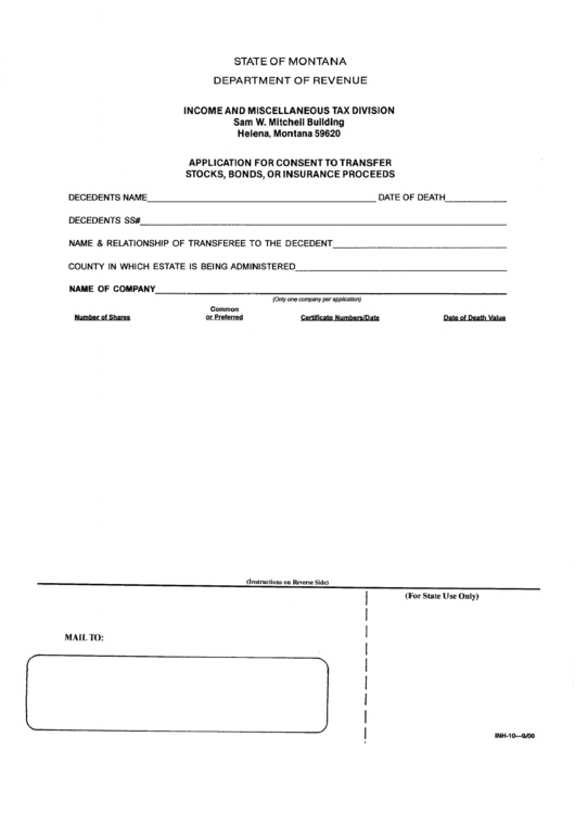 Form Inh-10 - Application For Consent To Transfer Stocks, Bonds, Or Insurance Proceeds Printable pdf