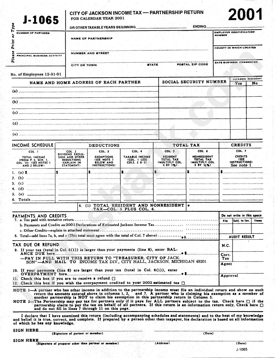 Form J-1065 - City Of Jackson Income Tax - Partnership Return - 2001