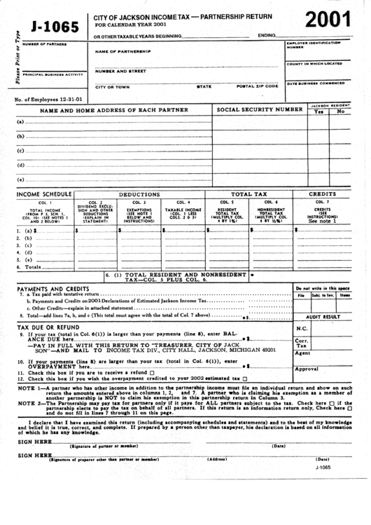 Form J-1065 - City Of Jackson Income Tax - Partnership Return - 2001 Printable pdf