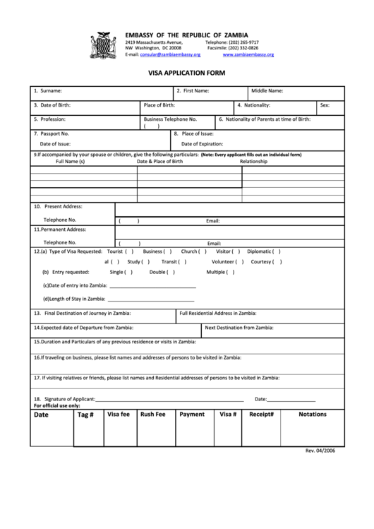Visa Application Form - Embassy Of The Republic Of Zambia Printable pdf