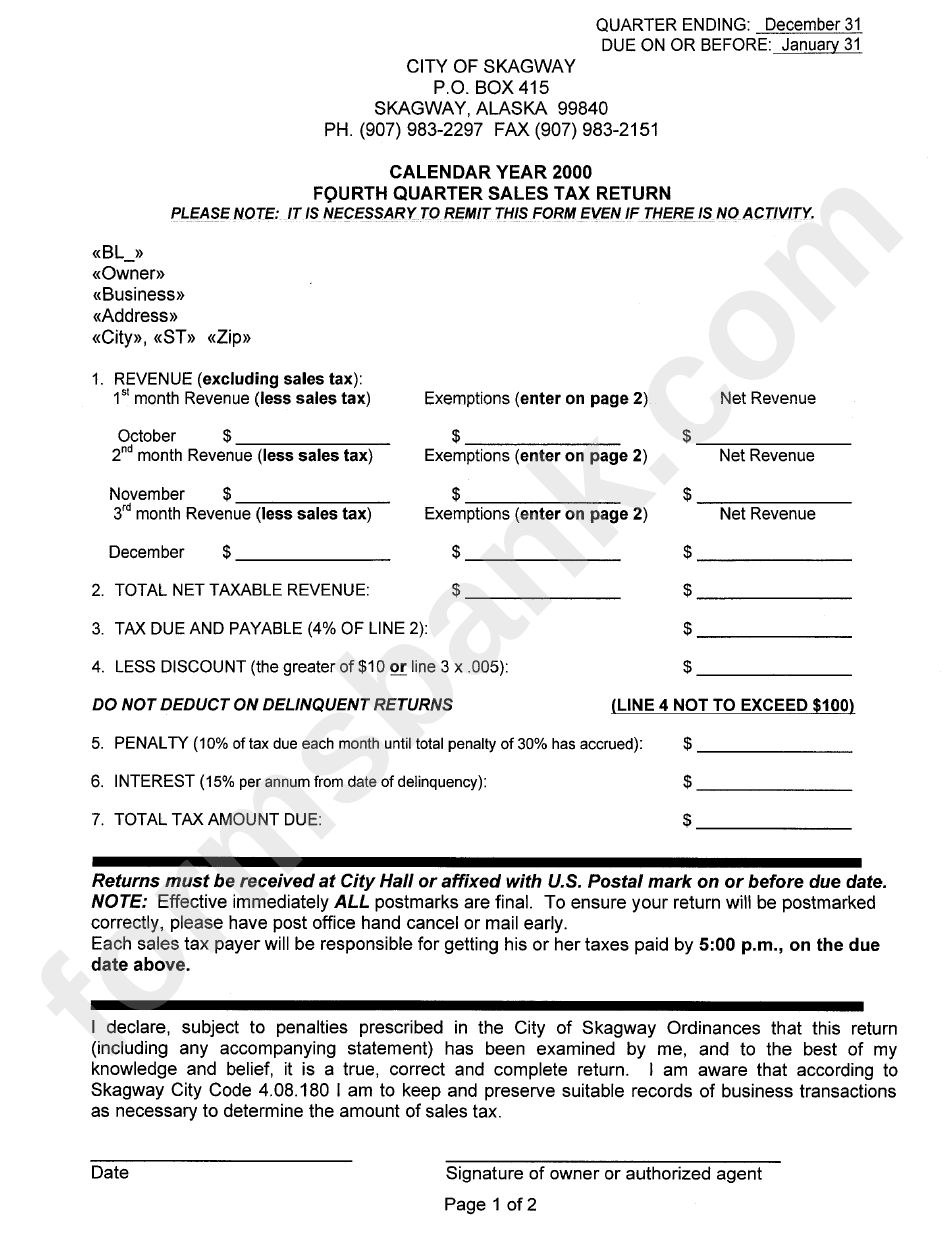 Fourth Quarter Sales Tax Return Form City Of Skagway 2000 printable