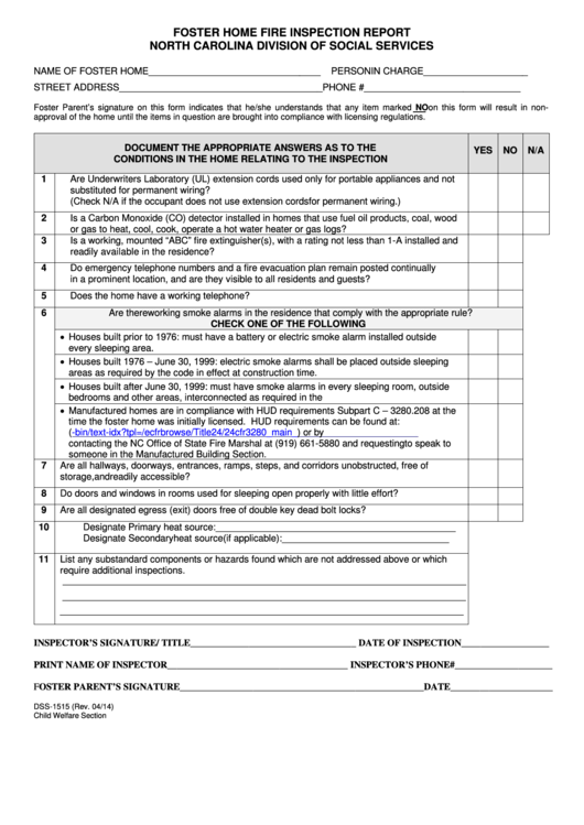Fillable Form Dss-1515 - Foster Home Fire Inspection Report North Carolina Division Of Social Services Printable pdf