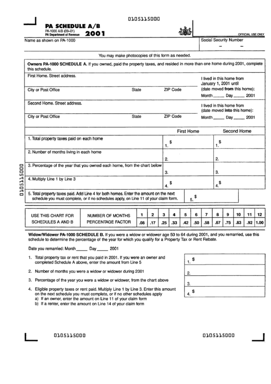 Pa Shedule A/b (Form Pa-1000) - Pa Department Of Revenue - 2001 Printable pdf