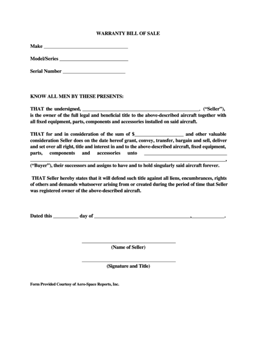 Fillable Warranty Bill Of Sale Form Printable pdf