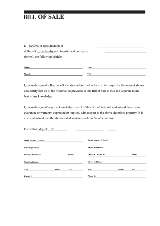 Fillable Bill Of Sale Form Printable pdf