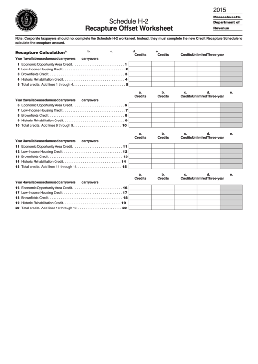 Shedule H-2 - Recapture Offset Worksheet - 2015 Printable pdf