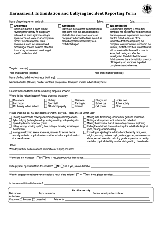Fillable Harassment, Intimidation And Bullying Incident Reporting Form Printable pdf