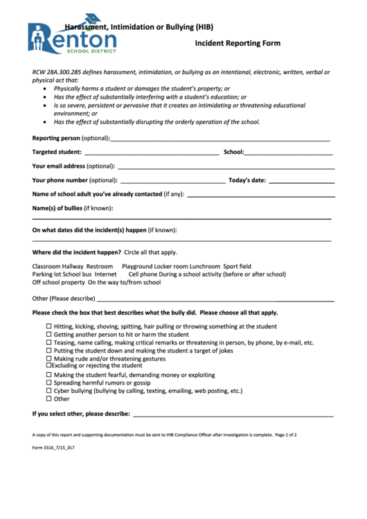 Fillable Form 3316 - Harassment, Intimidation Or Bullying (Hib) Incident Reporting Form Printable pdf
