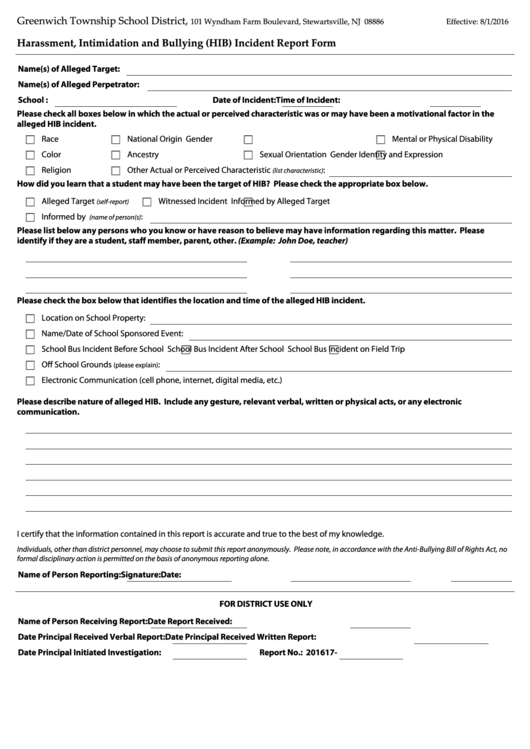 Fillable Harassment, Intimidation And Bullying (Hib) Incident Report Form Printable pdf