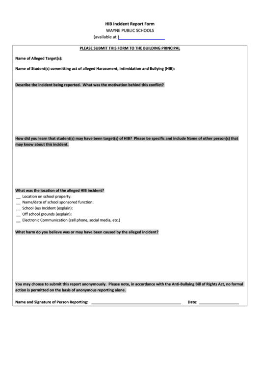 Fillable Hib Incident Report Form Printable pdf