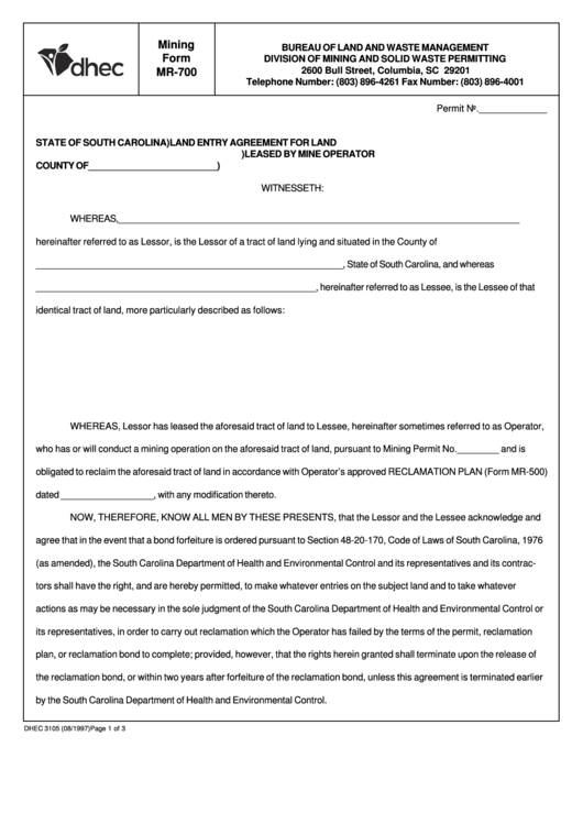 Mining Form Mr-700 - Land Entry Agreement For Land Leased By Mine Operator - Sc Department Of Health And Environmental Control Printable pdf