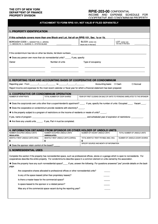 Form Rpie-203-00 - Confidential Income And Expense Schedule For Cooperative And Condominimum Property Printable pdf