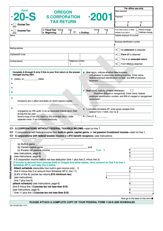 Form 20-S - Oregon S Corporation Tax Return - 2001 Printable pdf