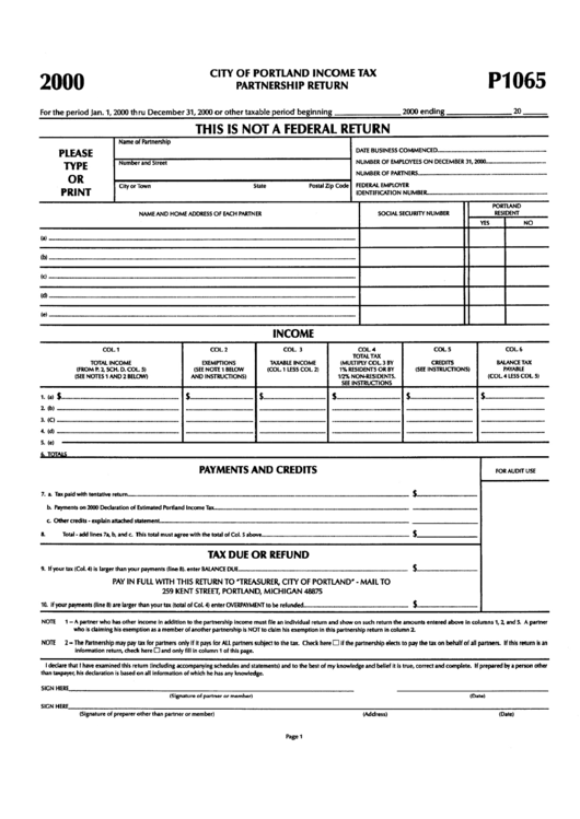 Form P1065 - City Of Portland Income Tax Partnership Return - 2000 Printable pdf