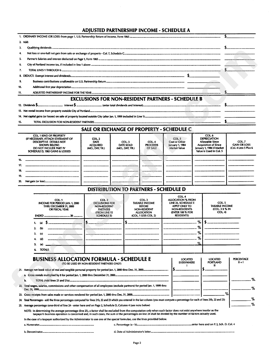 Form P1065 - City Of Portland Income Tax Partnership Return - 2000