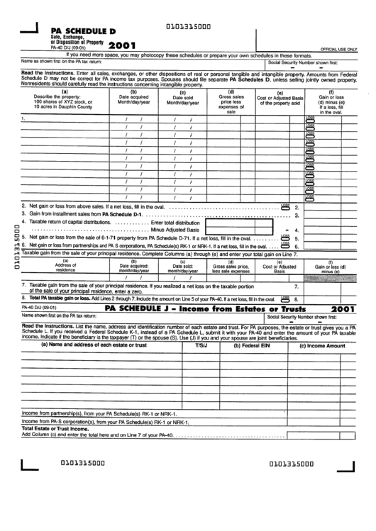 Pa Shedule D (Form Pa-40) - Sale, Exchange, Or Disposition Of Property - 2001 Printable pdf
