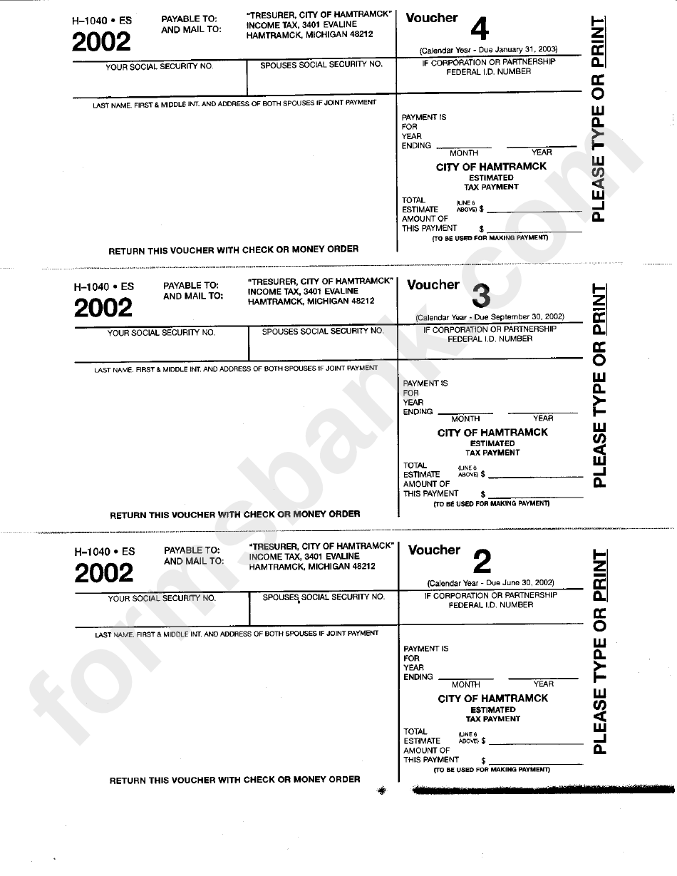 Form H-1040 - Estimated Tax Payment Voucher - City Of Hamtramck - 2002