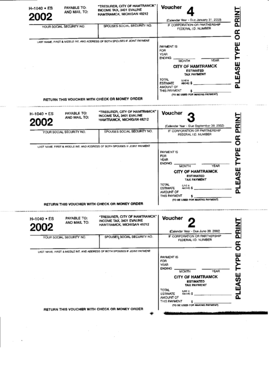 Fillable Form H-1040 - Estimated Tax Payment Voucher - City Of Hamtramck - 2002 Printable pdf