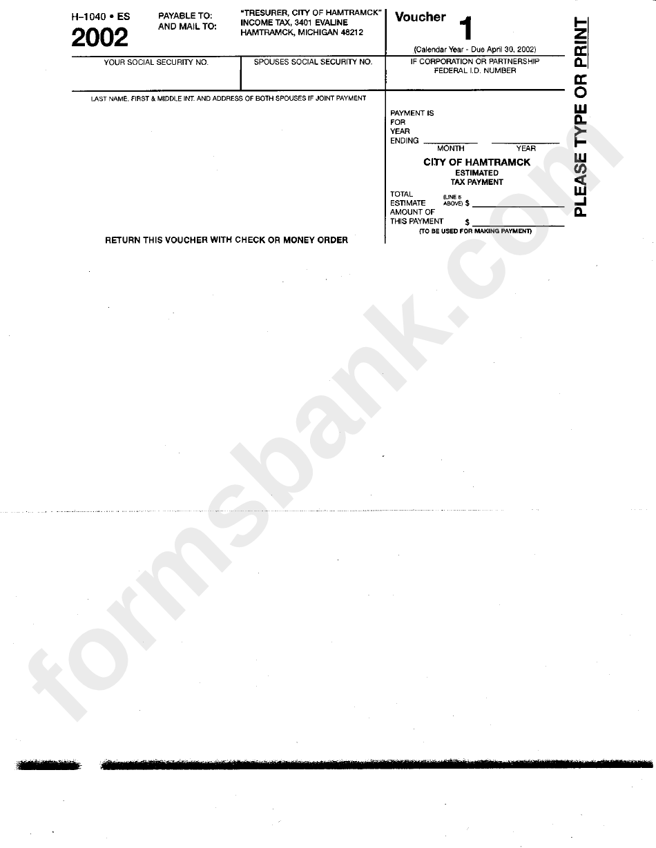 Form H-1040 - Estimated Tax Payment Voucher - City Of Hamtramck - 2002