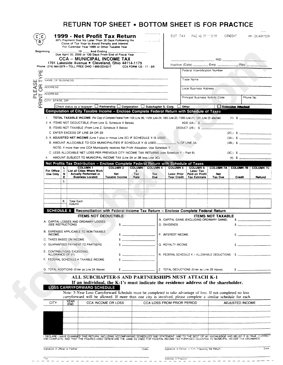 Form Cca - Net Profit Tax Return - 1999 printable pdf download