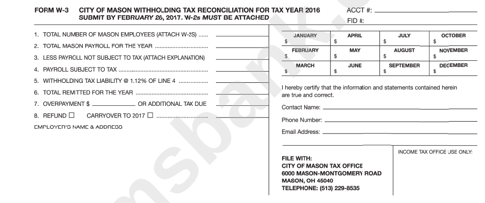Form W-3 - Withholding Tax Reconciliation - City Of Mason - 2016