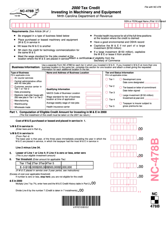 Form Nc-478b - Tax Credit Investing In Machinery And Equipment - 2000 Printable pdf