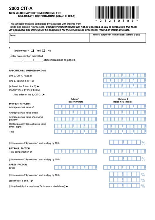 Form Cit - New Mexico Apportioned Income For Multistate Corporations - 2002 Printable pdf