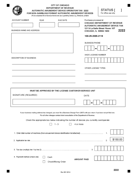 Form 2222 - Automatic Amusement Device Operator Tax For Non-Gambling Format Automatic Amusement Devices Printable pdf