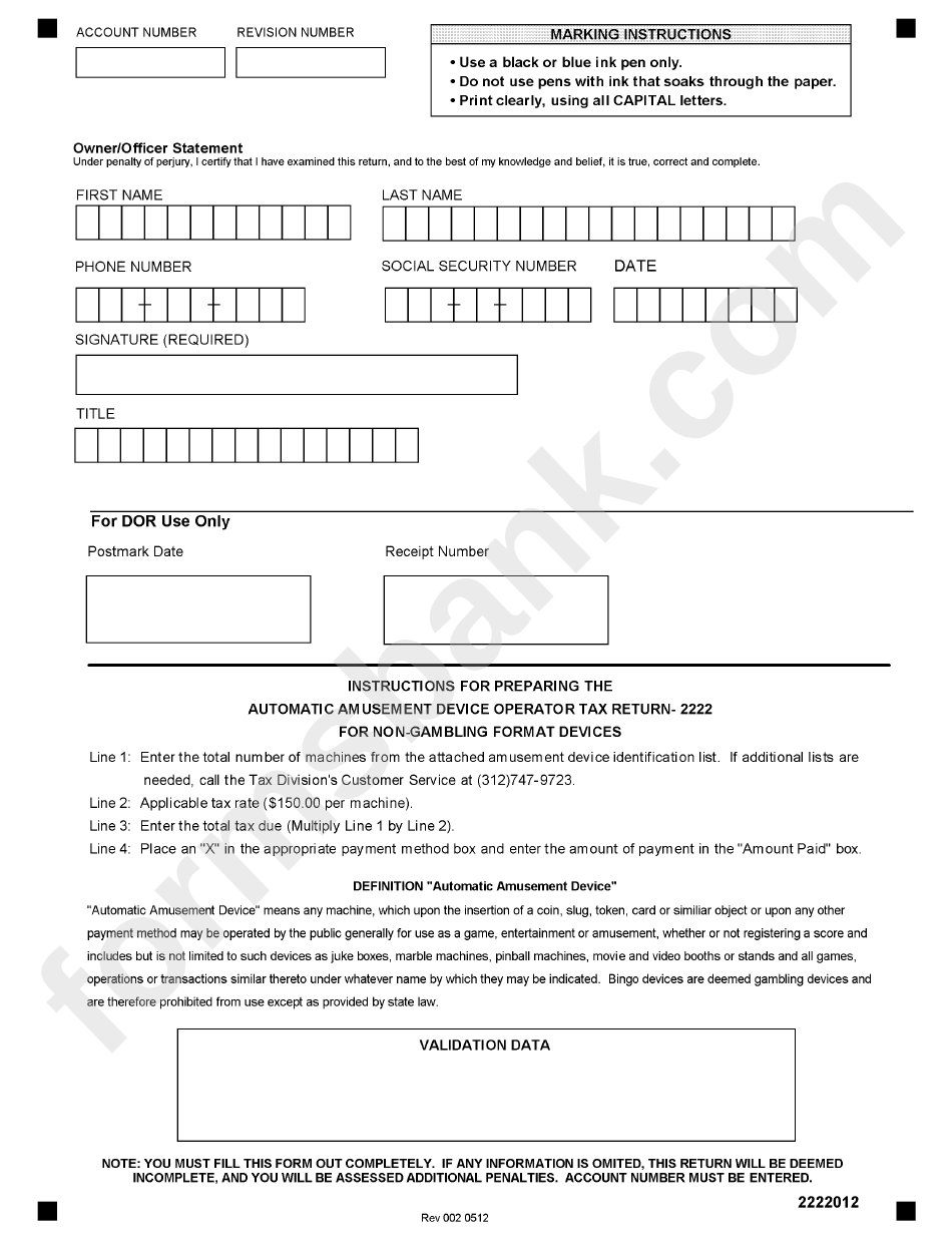 Form 2222 - Automatic Amusement Device Operator Tax For Non-Gambling Format Automatic Amusement Devices