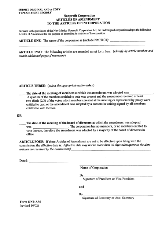 Form Dnp-Am - Articles Of Amendment To The Articles Of Incorporation For A Nonprofit Corporation Printable pdf