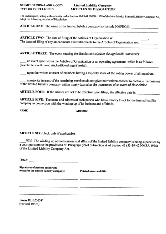 Form Dllc-Dv - Articles Of Dissolution For A Limited Liability Company Printable pdf