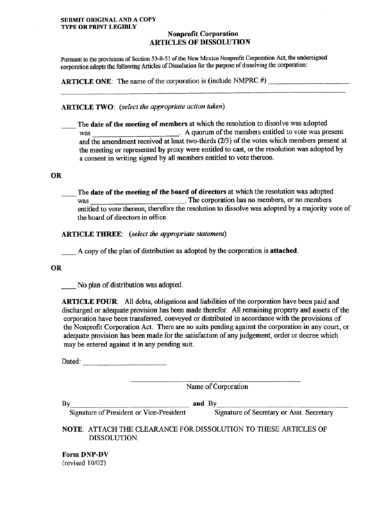 Form Dnp-Dv - Articles Of Dissolution For A Nonprofit Corporation Printable pdf