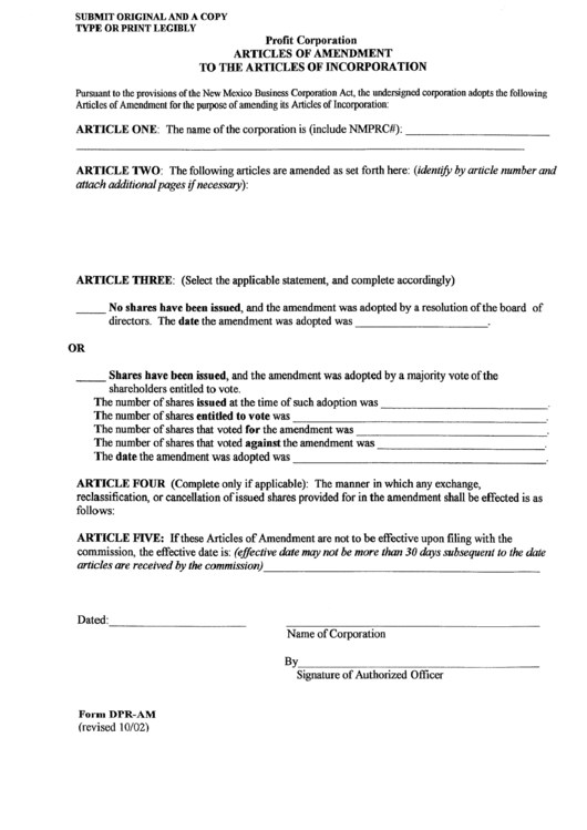 Form Dpr-Am - Articles Of Amendment To The Articles Of Incorporation For A Profit Corporation Printable pdf