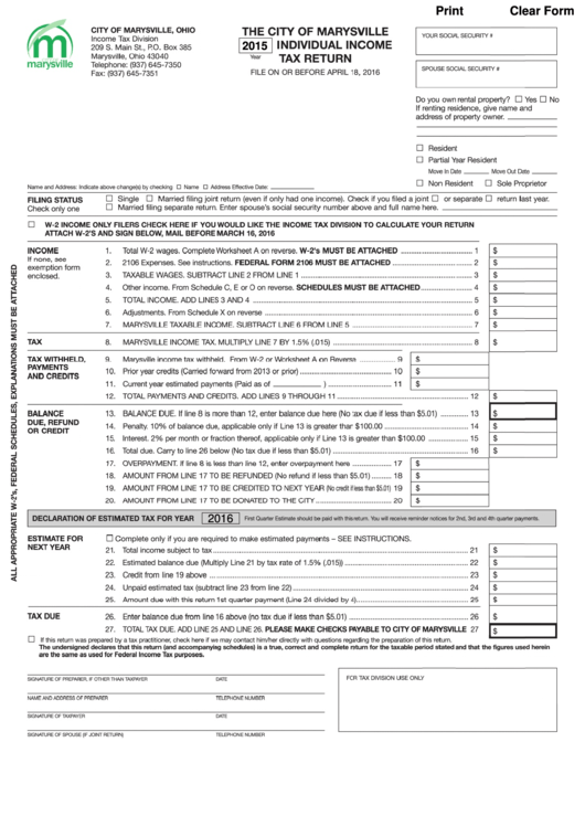 Fillable Individual Income Tax Return - City Of Marysville - 2015 Printable pdf
