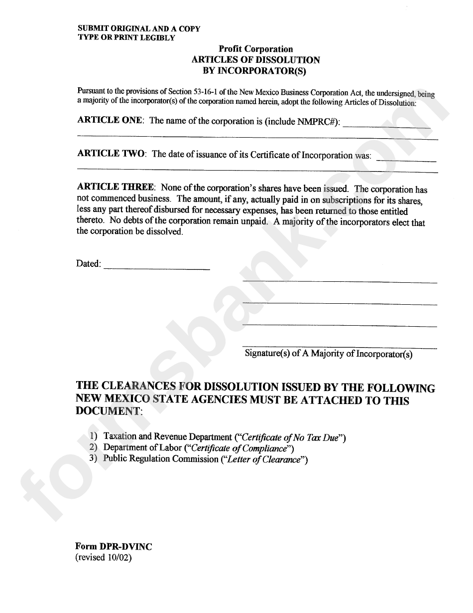 Form Dpr-Dvinc - Articles Of Dissolution By Incorporator(S) For A Profit Corporation