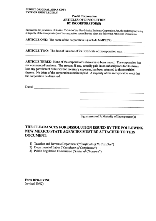 Form Dpr-Dvinc - Articles Of Dissolution By Incorporator(S) For A Profit Corporation Printable pdf