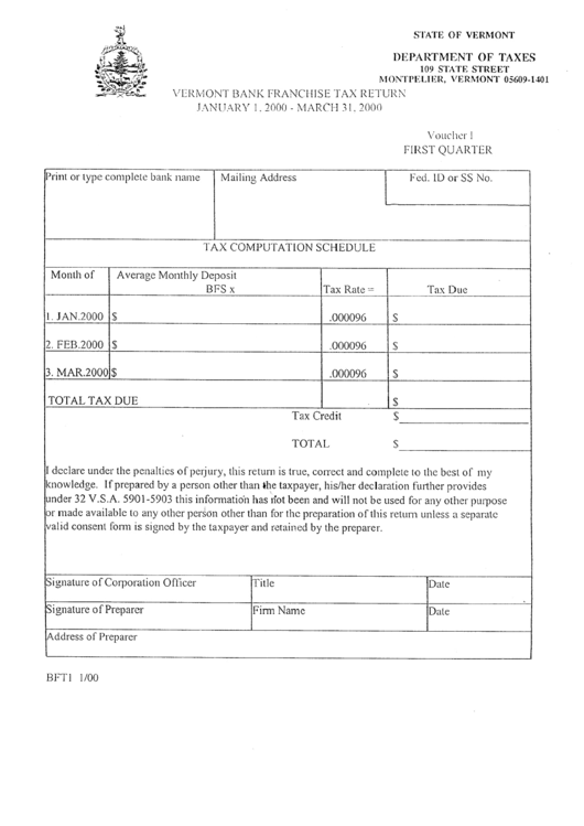 Form Bft - Vermont Bank Franchise Tax Return - 2000 Printable pdf