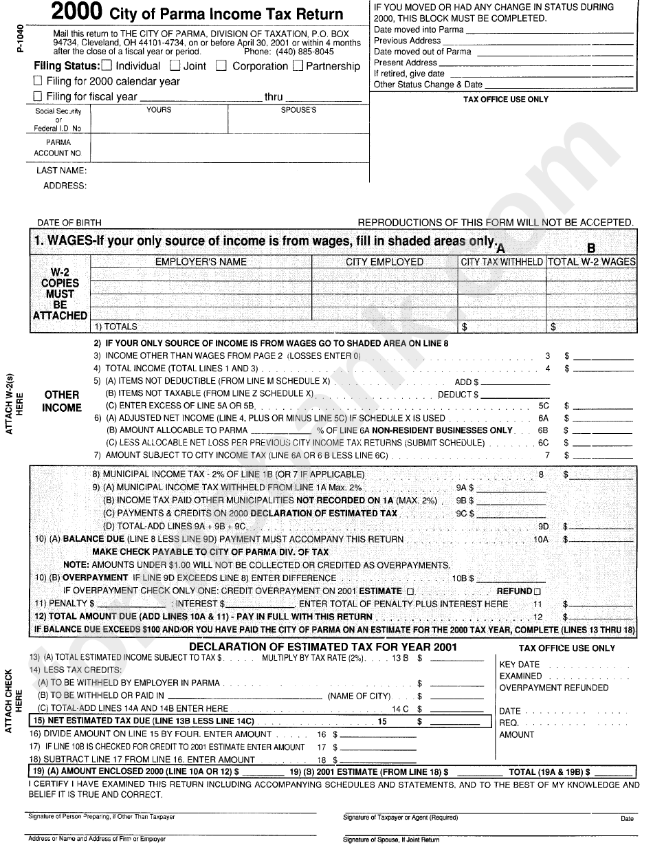 Form P-1040 - Income Tax Return - City Of Parma - 2000