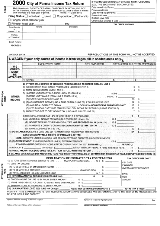 Form P-1040 - Income Tax Return - City Of Parma - 2000 Printable pdf