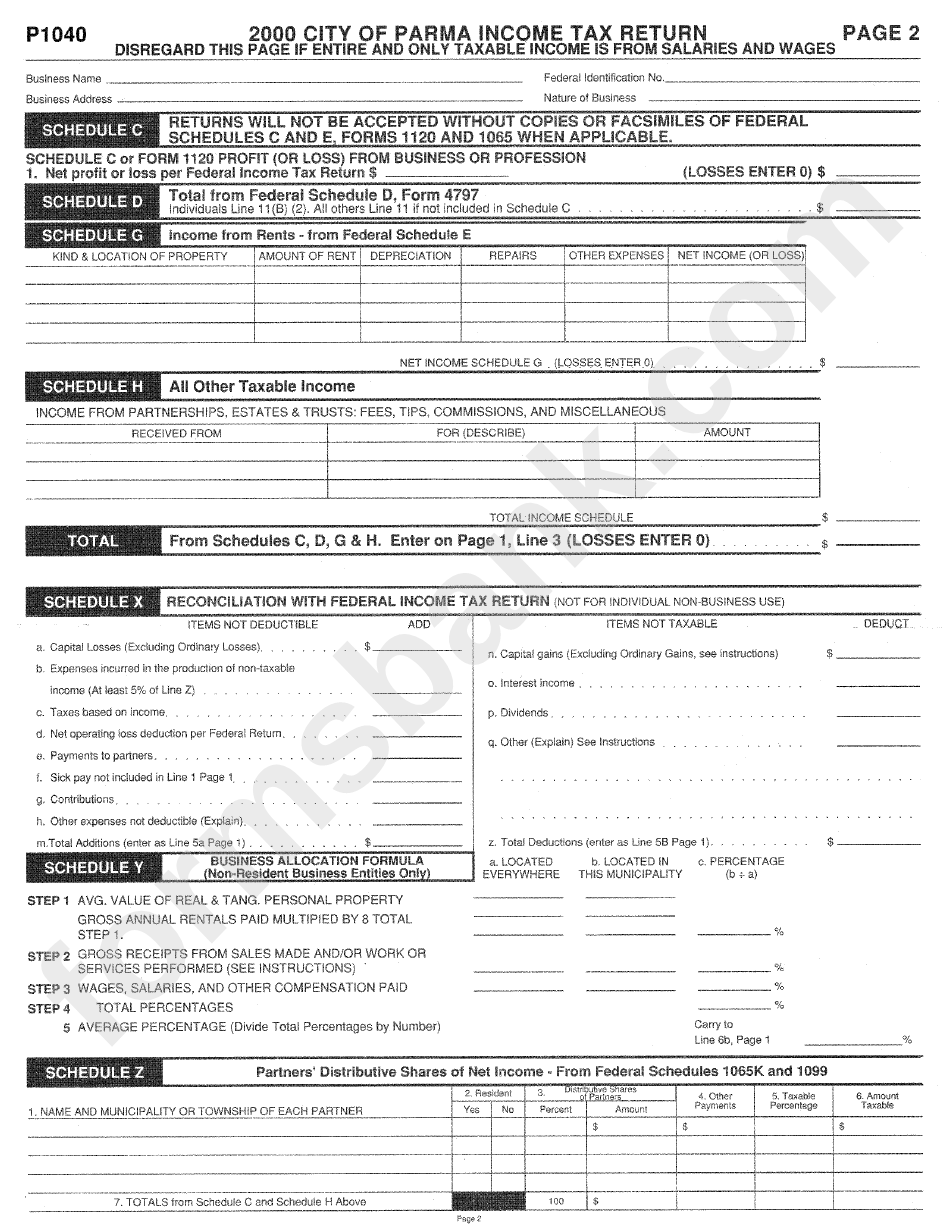 Form P-1040 - Income Tax Return - City Of Parma - 2000