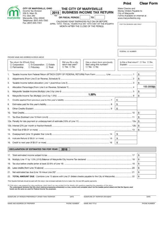 Fillable Business Income Tax Return - City Of Marysville - 2015 Printable pdf