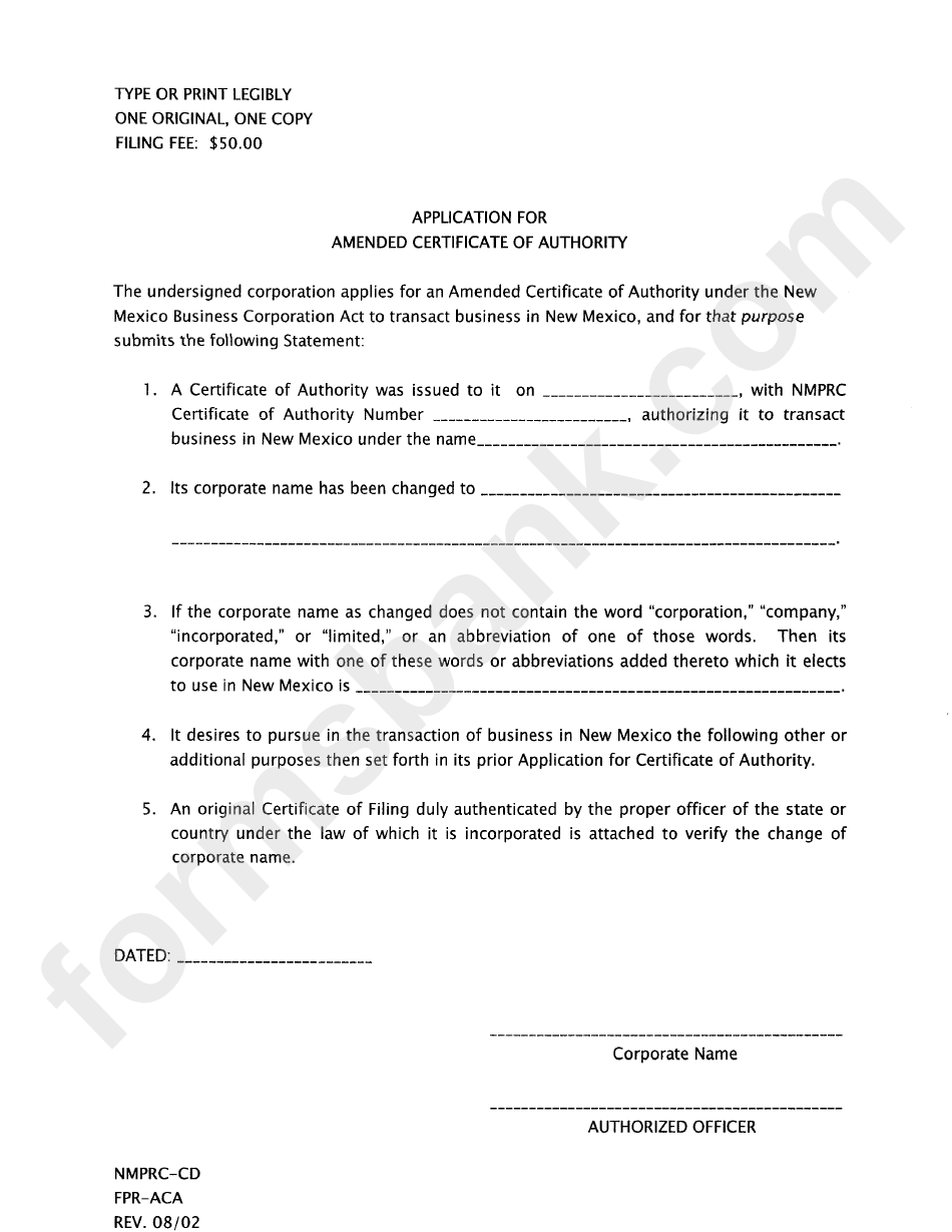 Form Nmprc-Cd - Application For Amended Certificate Of Authority