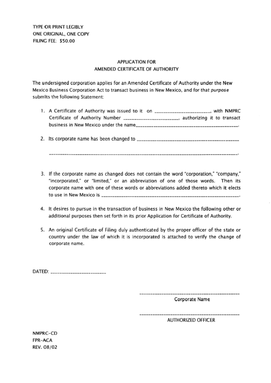 Form Nmprc-Cd - Application For Amended Certificate Of Authority Printable pdf
