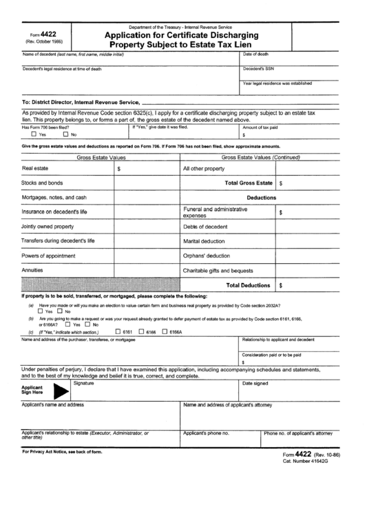 Form 4422 - Application For Certificate Discharging Property Subject To Estate Tax Lien Printable pdf
