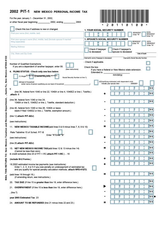 Form Pit-1 - New Mexico Personal Income Tax - 2002 Printable pdf