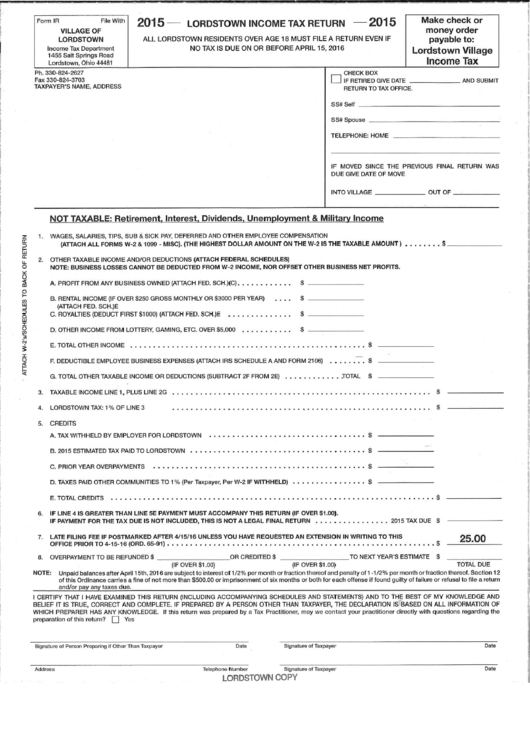 Form Ir - Income Tax Return - Village Of Lordstown - 2015 Printable pdf