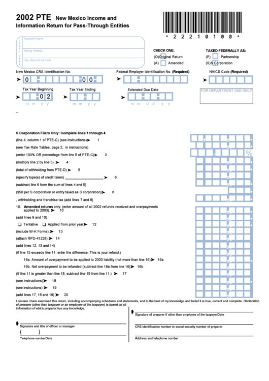 Form Pte - New Mexico Income And Information Return For Pass-Through Entities - 2002 Printable pdf